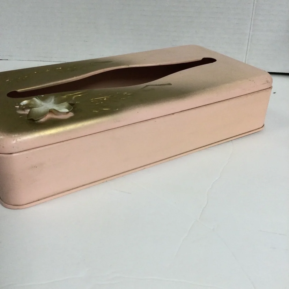 Vintage Ransburg Pink Gold Floral Metal Tissue Box Holder Mountable